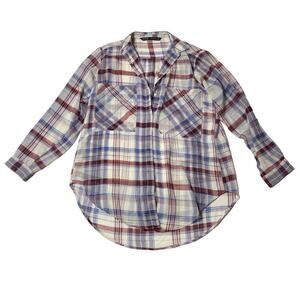 ZARA White Red Blue Sheer Plaid Button Down High Low Blouse XS